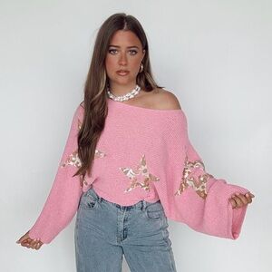 POL Pink Off-the-Shoulder Star Sweater